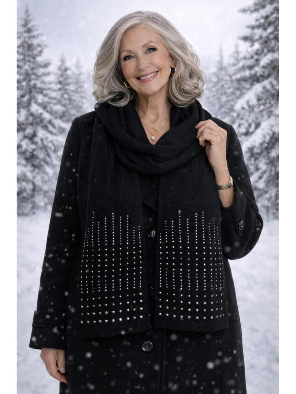 George Black Knit Scarf with Silver Studded Detail One Size